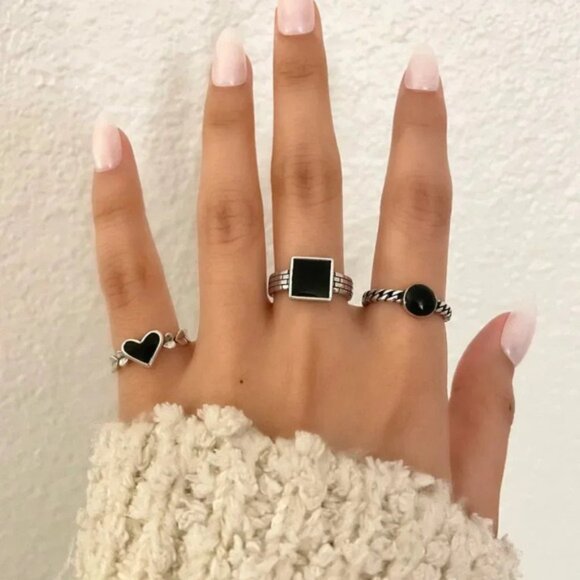925 Sterling Silver Geometric Black Ring Heart Square Circle Ring Dainty Ring - Picture 3 of 10